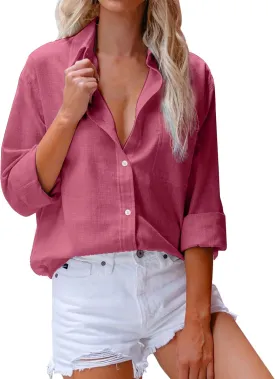 Casual Linen Button Down Shirts for Women Slim Fit Collared Long Sleeve Plain Tops Front Pocket Cotton Summer Blouses