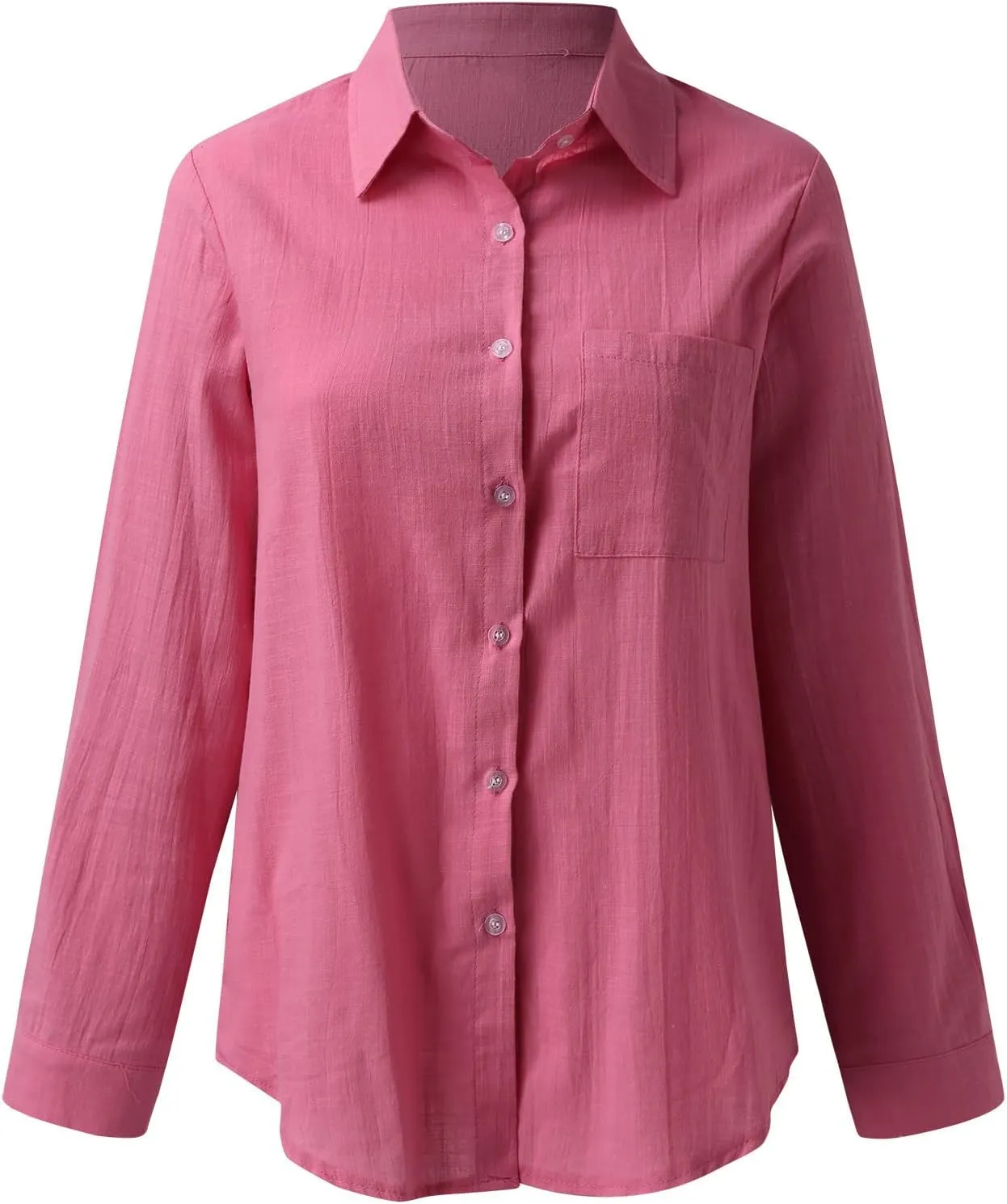 Casual Linen Button Down Shirts for Women Slim Fit Collared Long Sleeve Plain Tops Front Pocket Cotton Summer Blouses