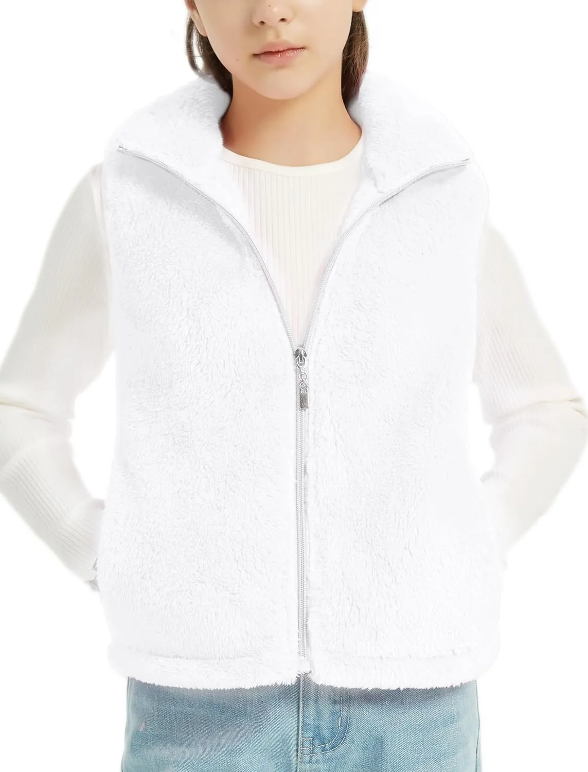 EXARUS Girls Fleece Vest Stand Collar Sleeveless Lightweight Soft Zipper with Pockets Outwear Winter Thermal 6-12Y