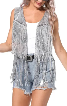 FEOYA Women Sequins Fringe Vest Glitter Sparkly Sleeveless Jacket 70s Open Front Tassel Vest