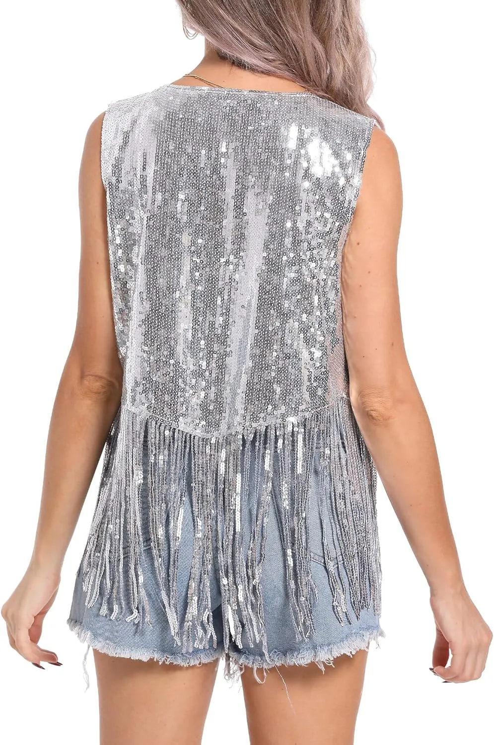 FEOYA Women Sequins Fringe Vest Glitter Sparkly Sleeveless Jacket 70s Open Front Tassel Vest