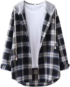 FMCHICO Women's Plaid Flannel Shirts Hoodie Long Sleeve Checked Shirt Jacket Button Down Blouse Tops