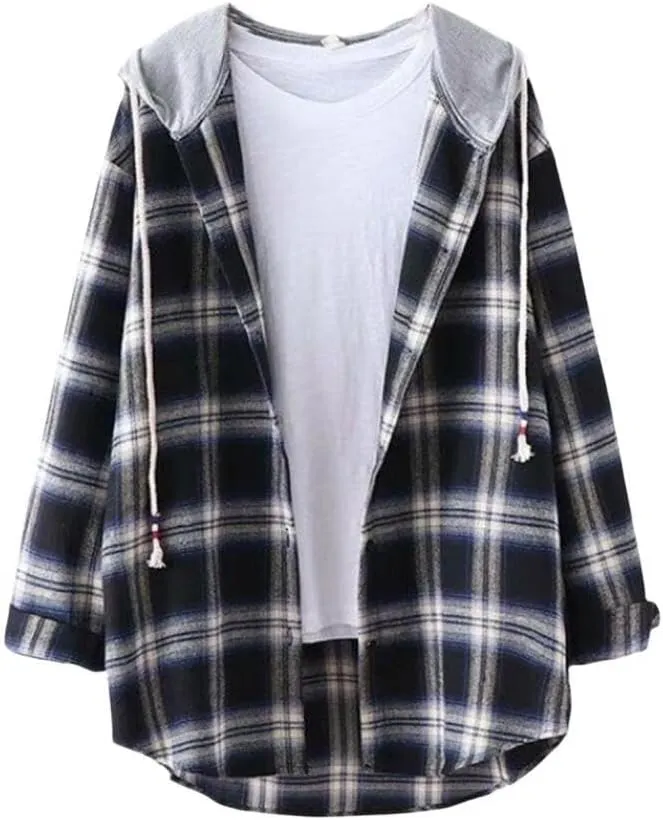 FMCHICO Women's Plaid Flannel Shirts Hoodie Long Sleeve Checked Shirt Jacket Button Down Blouse Tops