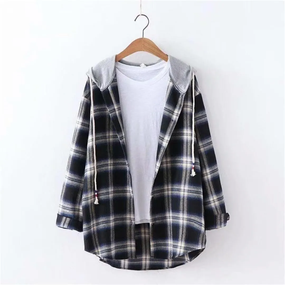 FMCHICO Women's Plaid Flannel Shirts Hoodie Long Sleeve Checked Shirt Jacket Button Down Blouse Tops