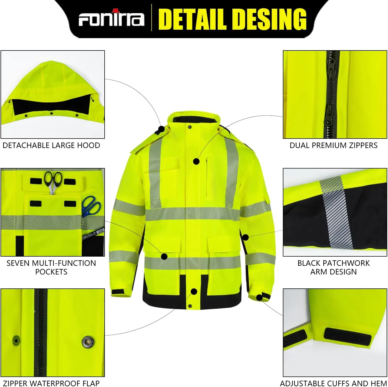 FONIRRA Hi Vis Safety Jackets for Men Waterproof ANSI Class 3,Graphene Heated Reflective Bomber Work Jacket with Fleece Liner