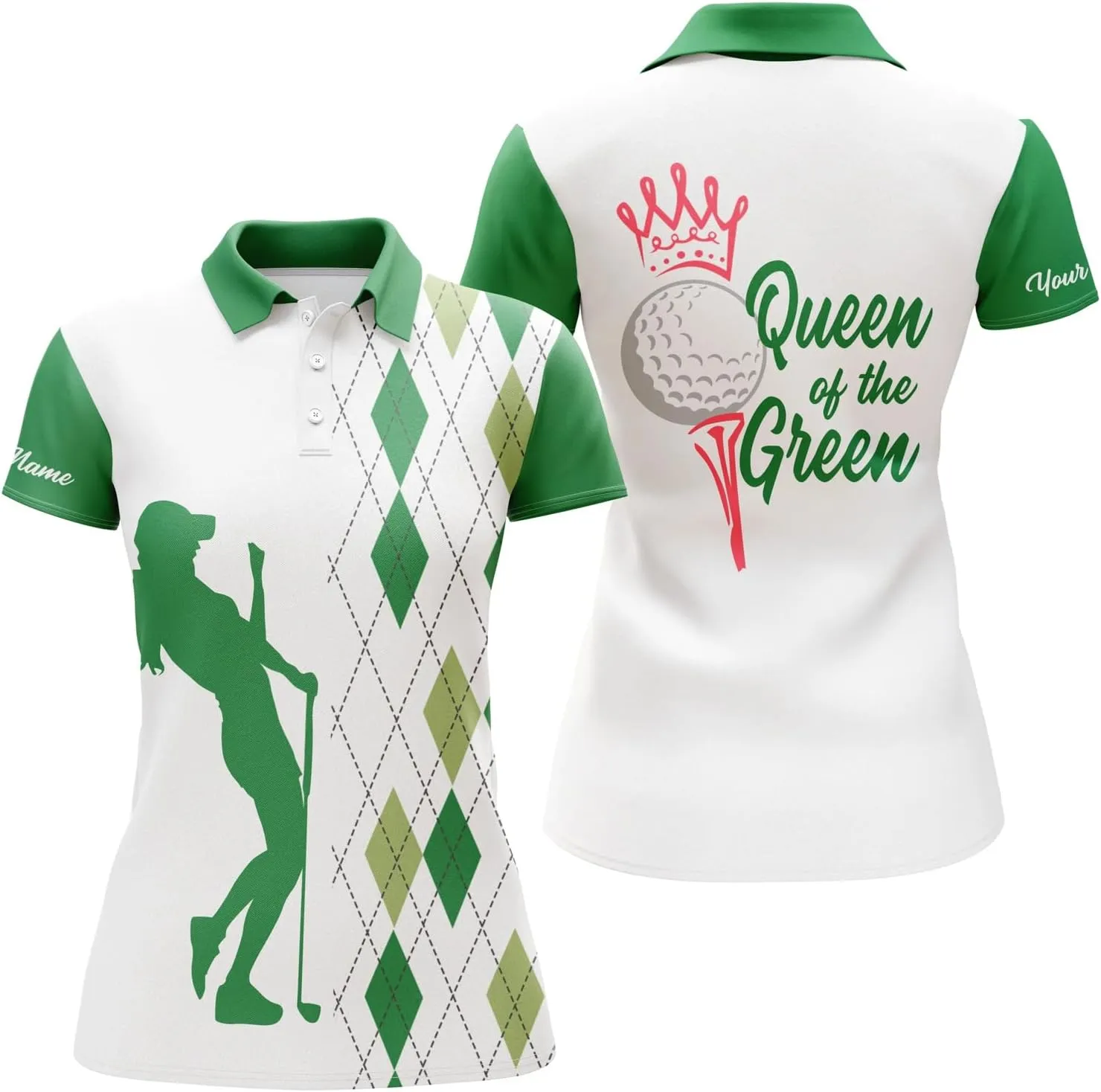 Funny Womens Golf Polo Shirt Queen of The Green Custom Argyle Plaid White Green Golf Shirts for Women N4894