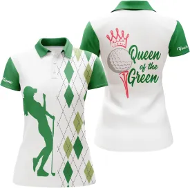 Funny Womens Golf Polo Shirt Queen of The Green Custom Argyle Plaid White Green Golf Shirts for Women N4894