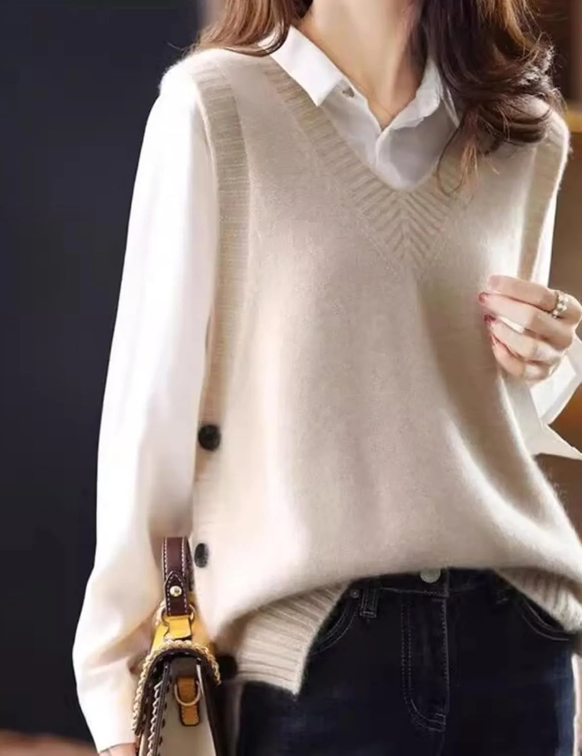 HangNiFang Womens Sweater Vest Sleeveless V Neck Trendy Side Button Down Knit Vest Outfits