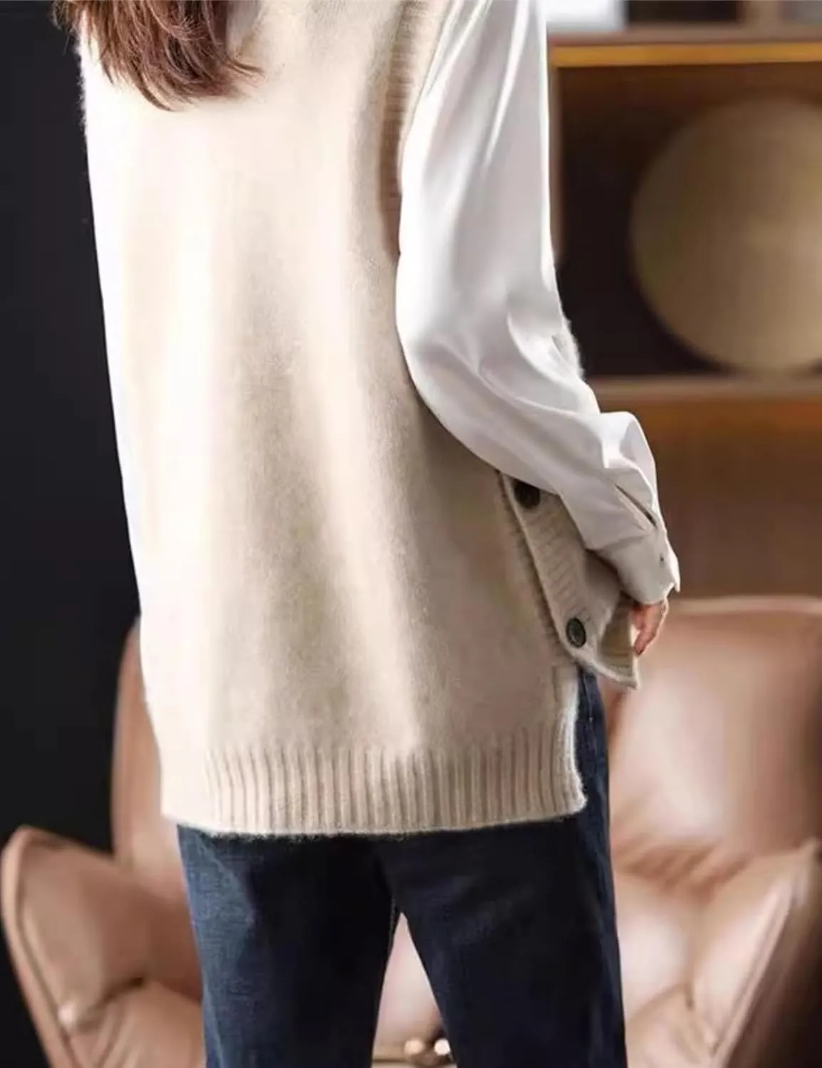 HangNiFang Womens Sweater Vest Sleeveless V Neck Trendy Side Button Down Knit Vest Outfits