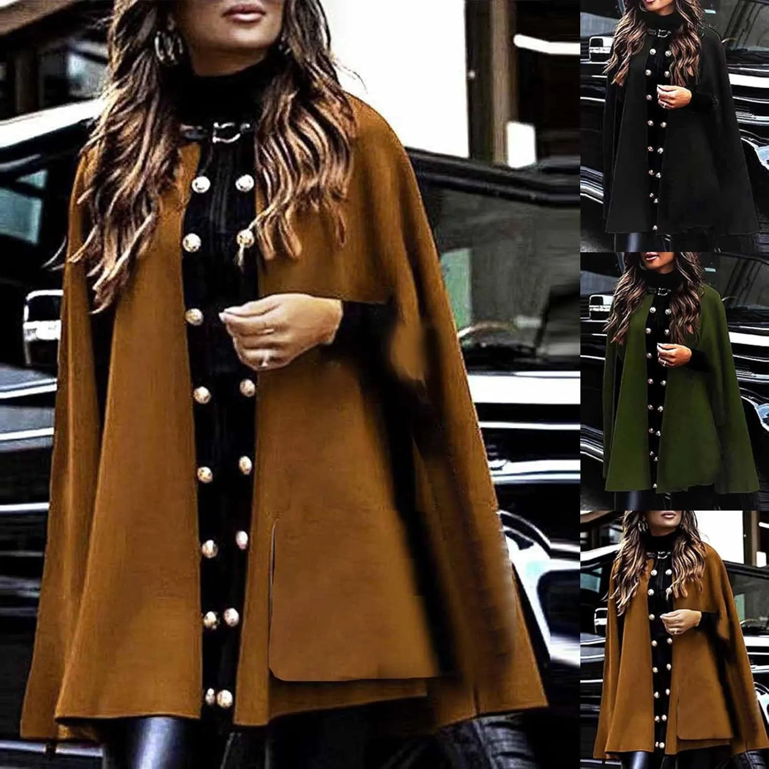 HGps8w Women's Elegant Cloak Wool-Blend Cape Coat Winter Trench Coat Open Front Poncho Batwing Poncho Cardigans
