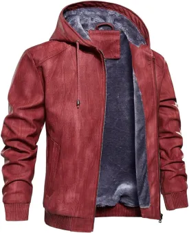 INVACHI Men's Leather Jacket PU Bomber Motorcycle Jacket with Fleece Lined Hood Windproof Winter Coat