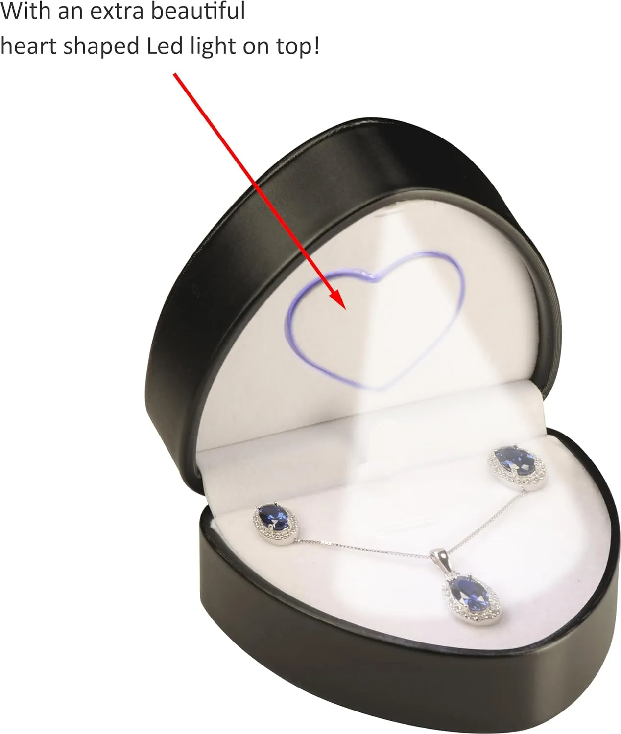 LED Black Heart Necklace & Earrings Box - Unique Designed Heart Shaped PU Leather Pendant Earring Jewelry Gift Holder Box with Light for Men & Women