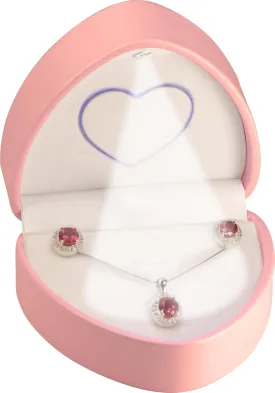 LED Necklace Earrings Box for Engagement, WeddingUnique Designed Heart to Heart Idea PU Leather Heart Shaped Necklace Pendant Earring Jewelry Gift Holder Box with Light for Men for Women (Pink)