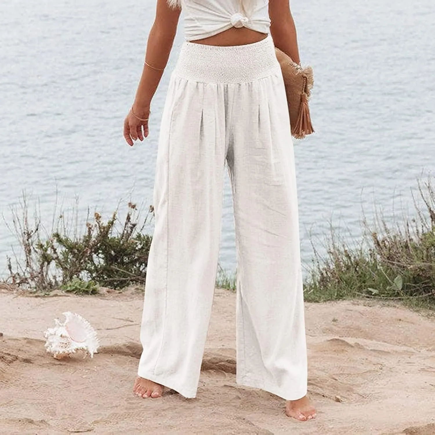 Linen Pants for Women Wide Leg Elastic High Waisted Palazzo Pants Lounge Yoga Trousers Beach Pants with Pockets