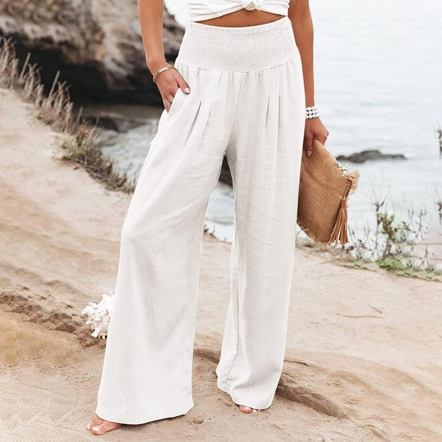Linen Pants for Women Wide Leg Elastic High Waisted Palazzo Pants Lounge Yoga Trousers Beach Pants with Pockets