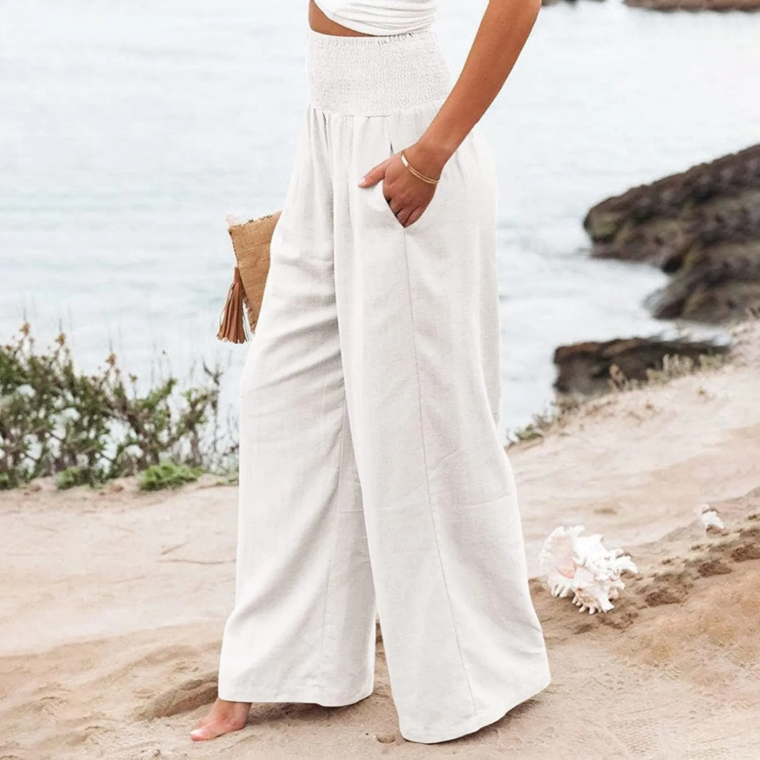 Linen Pants for Women Wide Leg Elastic High Waisted Palazzo Pants Lounge Yoga Trousers Beach Pants with Pockets