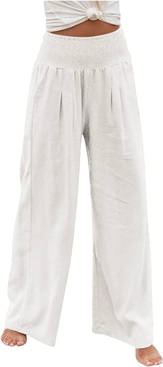 Linen Pants for Women Wide Leg Elastic High Waisted Palazzo Pants Lounge Yoga Trousers Beach Pants with Pockets