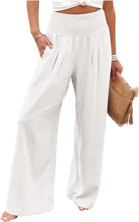 Linen Pants for Women Wide Leg Elastic High Waisted Palazzo Pants Lounge Yoga Trousers Beach Pants with Pockets