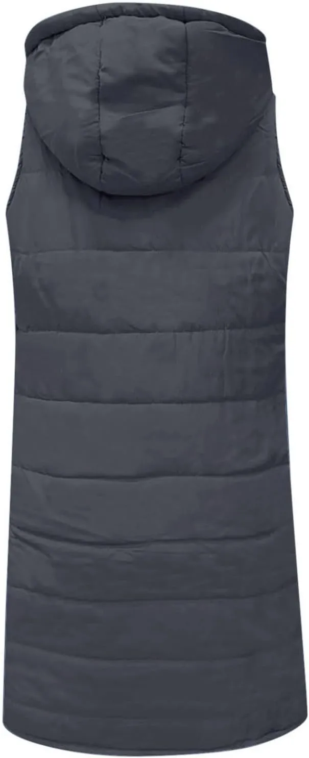 Long Puffer Vest Women Plus Size Winter Warm Coat Sleeveless Puffer Jacket Zipper Hooded Outerwear with Pockets