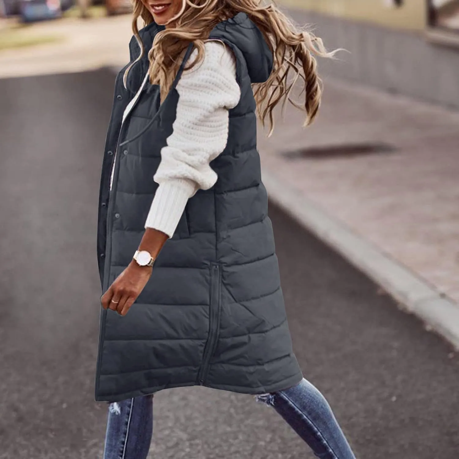 Long Puffer Vest Women Plus Size Winter Warm Coat Sleeveless Puffer Jacket Zipper Hooded Outerwear with Pockets