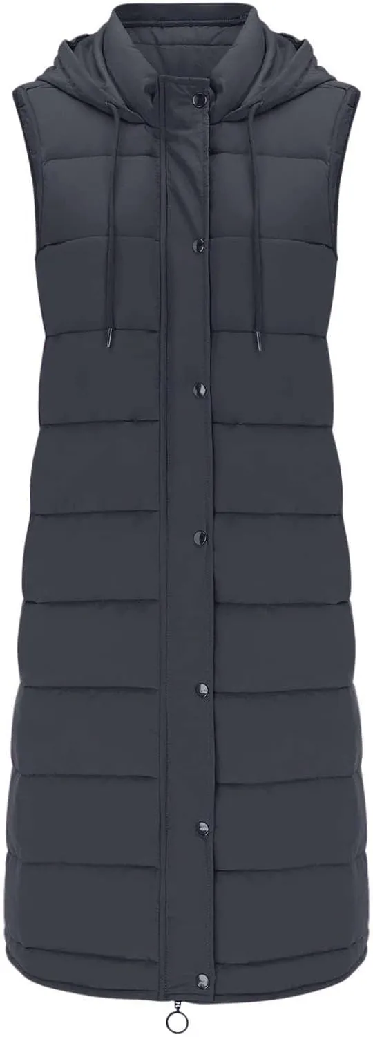 Long Puffer Vest Women Plus Size Winter Warm Coat Sleeveless Puffer Jacket Zipper Hooded Outerwear with Pockets