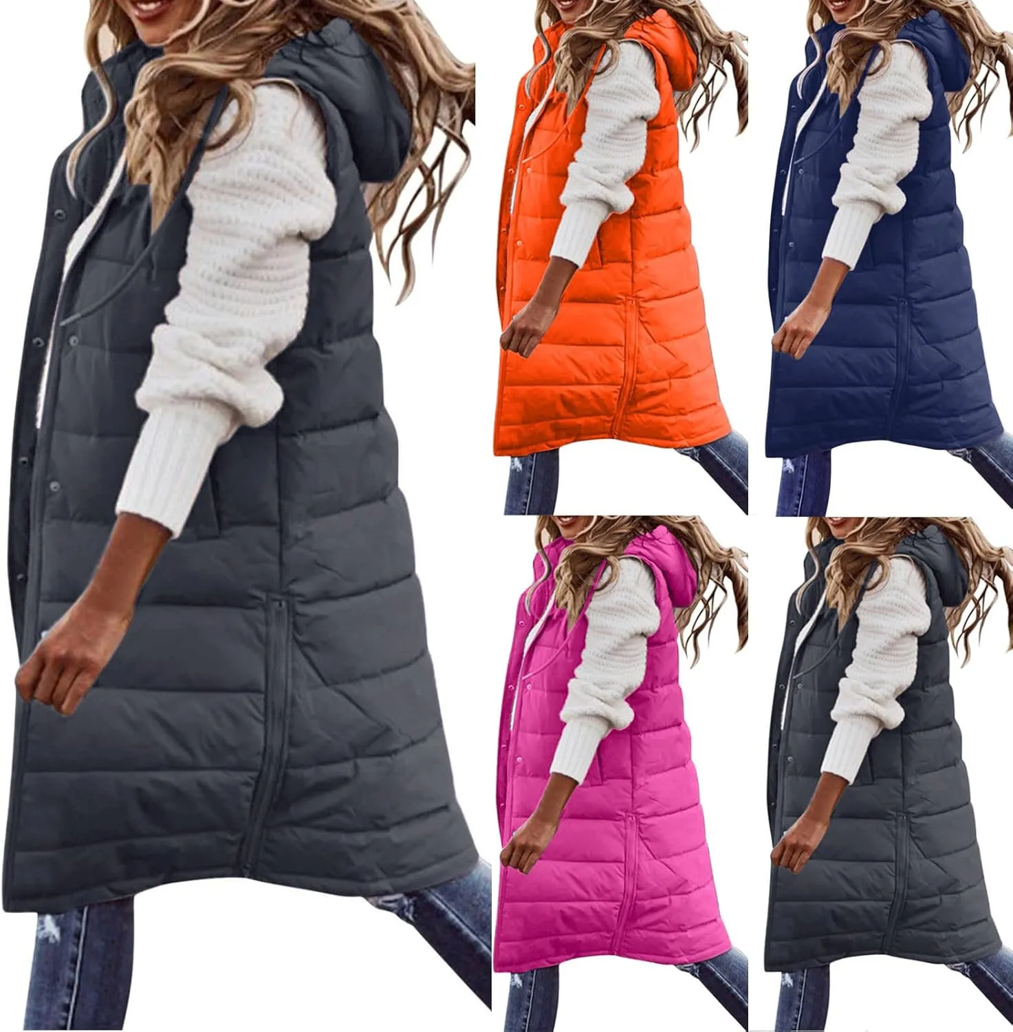 Long Puffer Vest Women Plus Size Winter Warm Coat Sleeveless Puffer Jacket Zipper Hooded Outerwear with Pockets