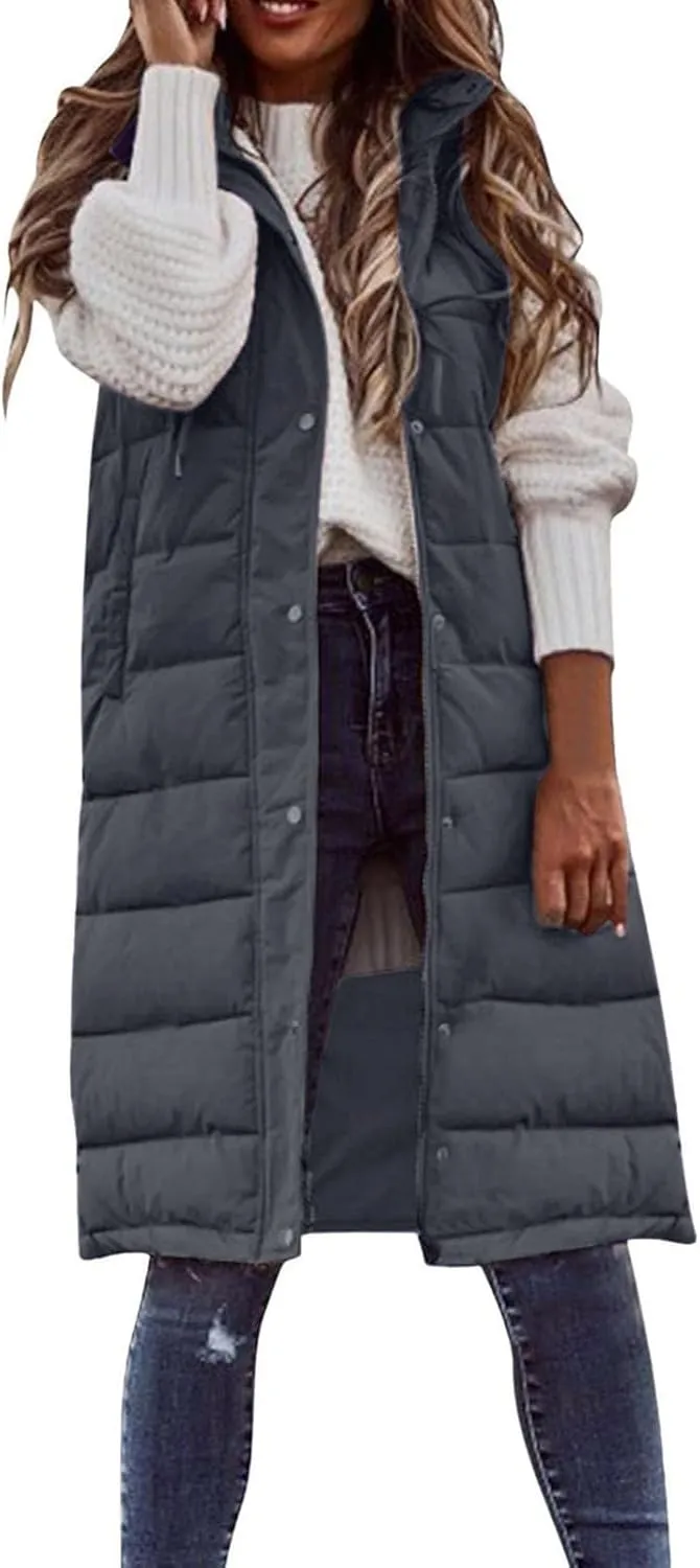 Long Puffer Vest Women Plus Size Winter Warm Coat Sleeveless Puffer Jacket Zipper Hooded Outerwear with Pockets