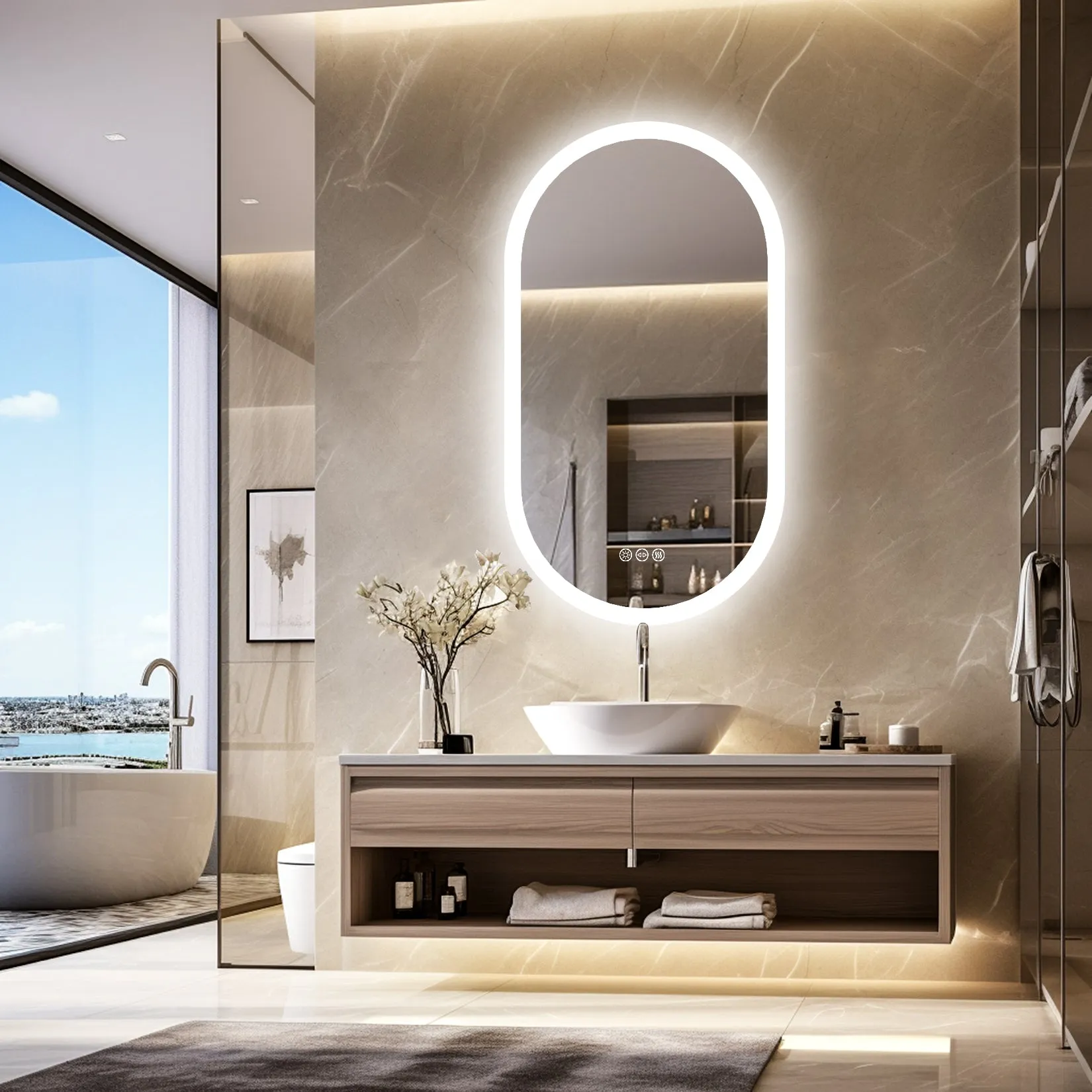 LUVODI Oval LED Bathroom Mirror Defogging 3 Colors Vertical or Horizontal