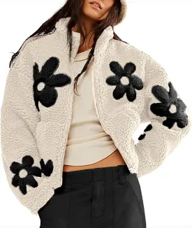 Maixang Womens Floral Print Sherpa Fleece Jackets Winter Zipper Cropped Coat Casual Long Sleeve Outwear with Pockets