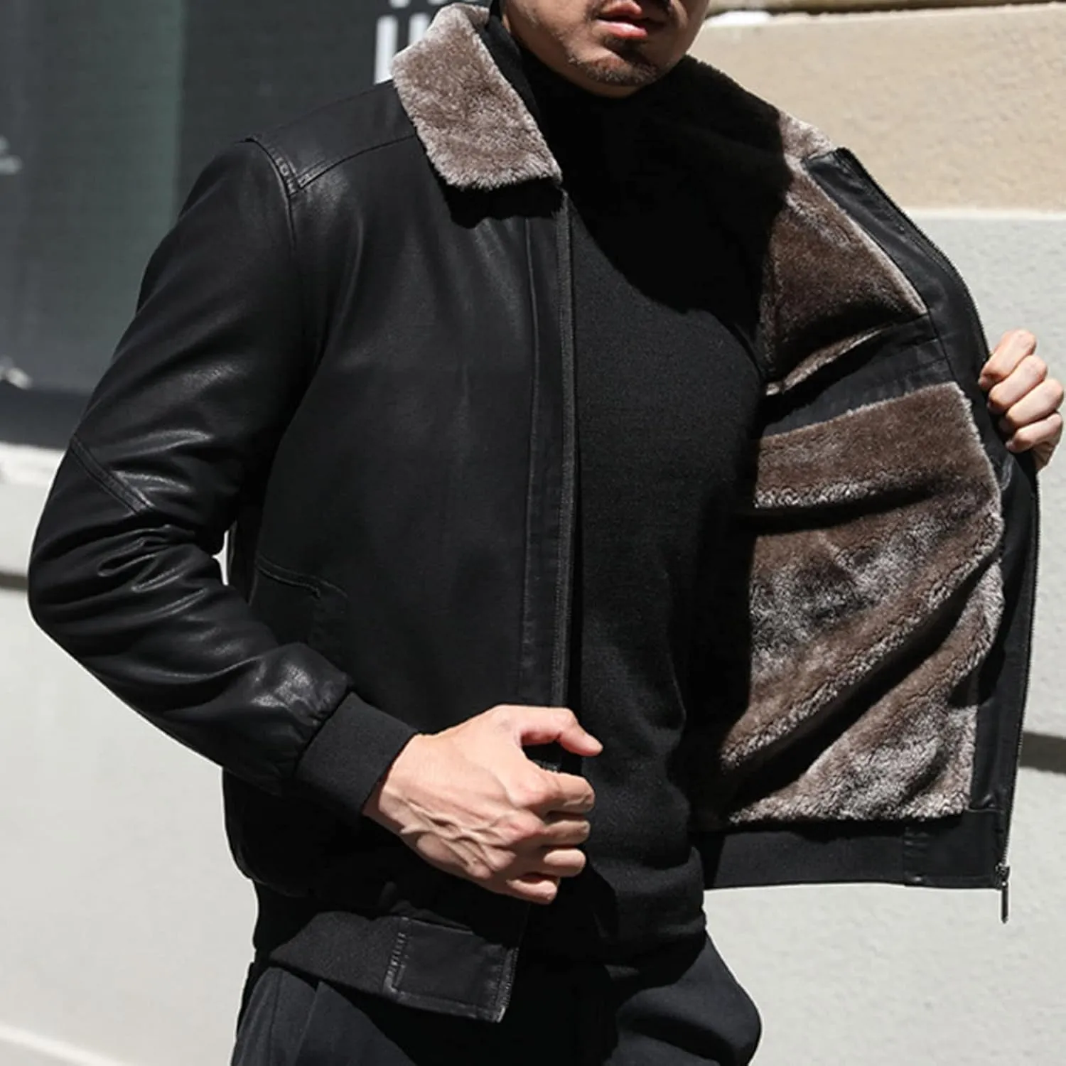 Maiyifu-GJ Men's Pu Sherpa Fleece Lined Jacket Faux Leather Winter Lapel Slim Fit Jacket Vintage Motorcycle Windbreaker Coats