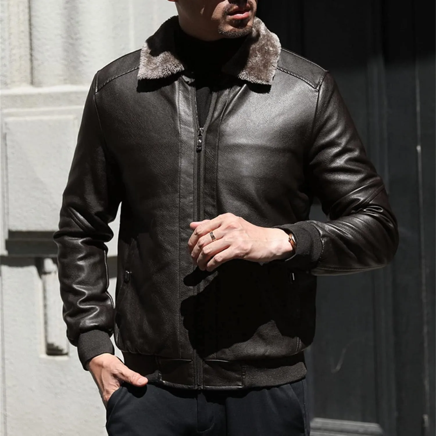 Maiyifu-GJ Men's Pu Sherpa Fleece Lined Jacket Faux Leather Winter Lapel Slim Fit Jacket Vintage Motorcycle Windbreaker Coats