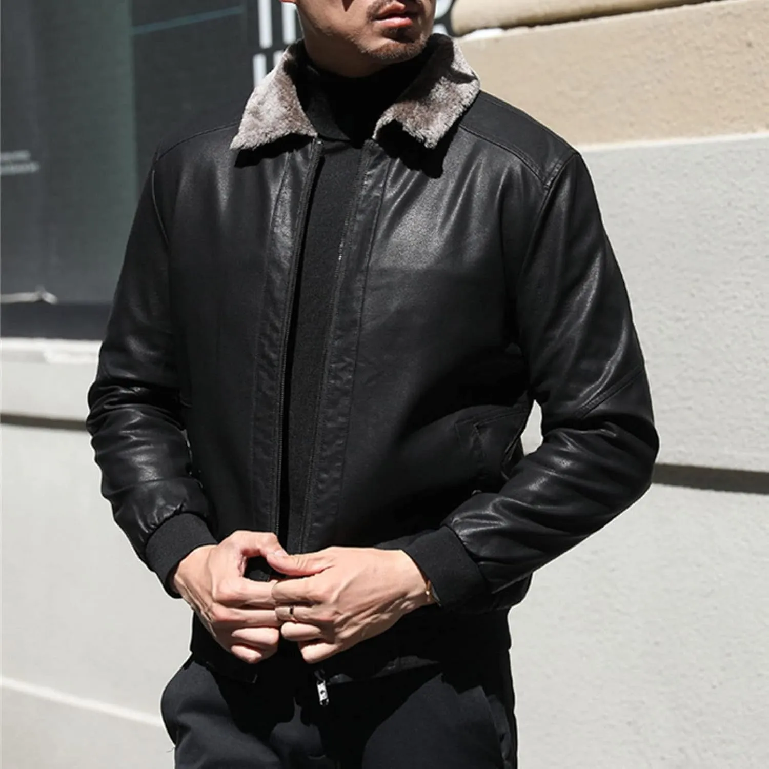 Maiyifu-GJ Men's Pu Sherpa Fleece Lined Jacket Faux Leather Winter Lapel Slim Fit Jacket Vintage Motorcycle Windbreaker Coats