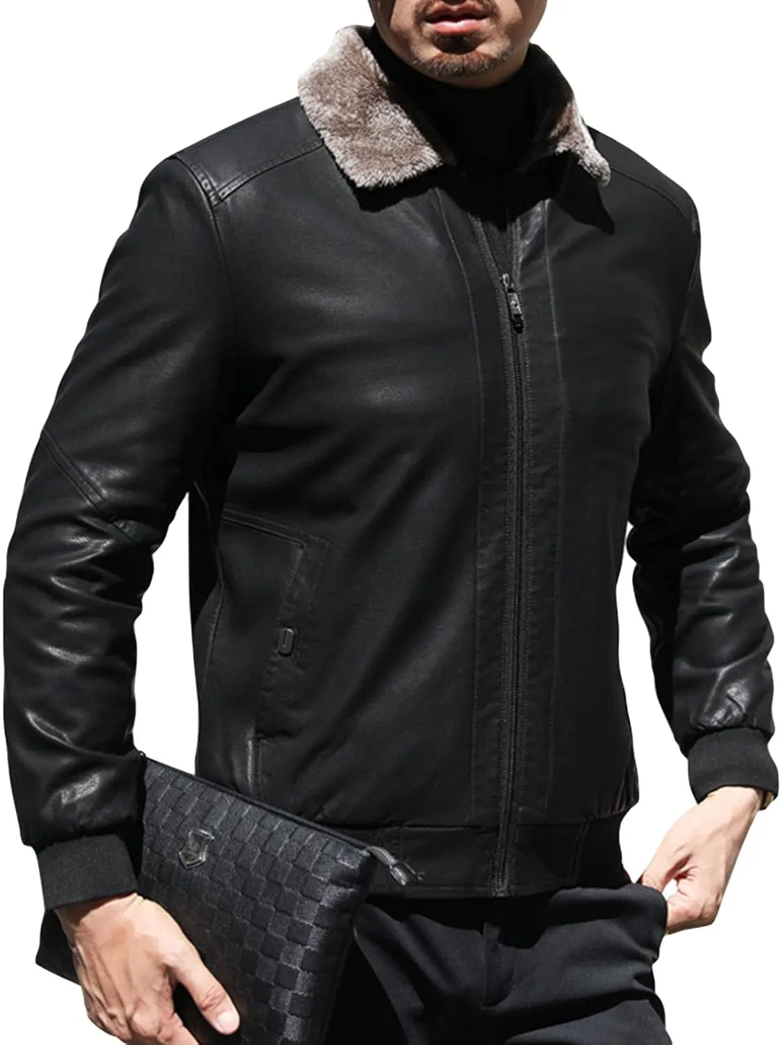 Maiyifu-GJ Men's Pu Sherpa Fleece Lined Jacket Faux Leather Winter Lapel Slim Fit Jacket Vintage Motorcycle Windbreaker Coats
