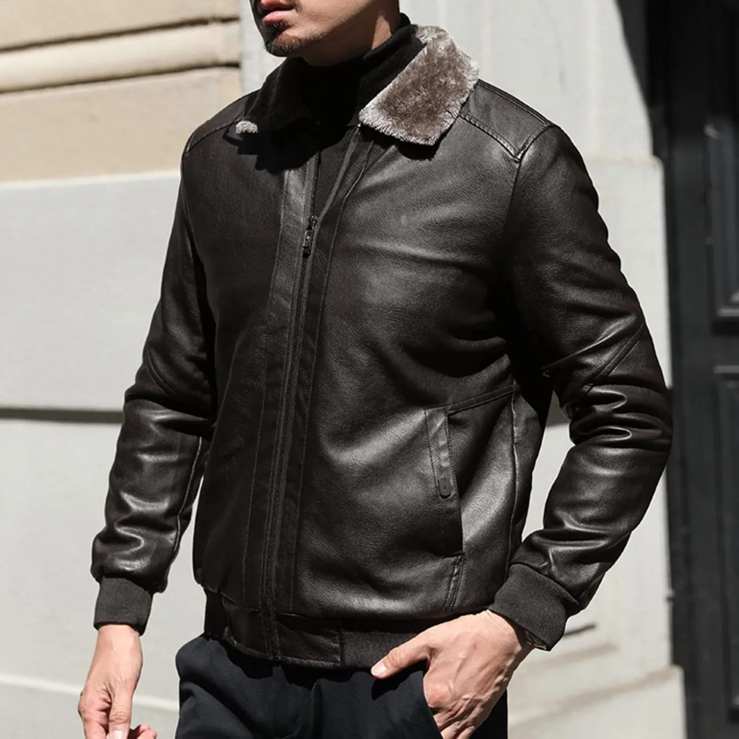 Maiyifu-GJ Men's Pu Sherpa Fleece Lined Jacket Faux Leather Winter Lapel Slim Fit Jacket Vintage Motorcycle Windbreaker Coats
