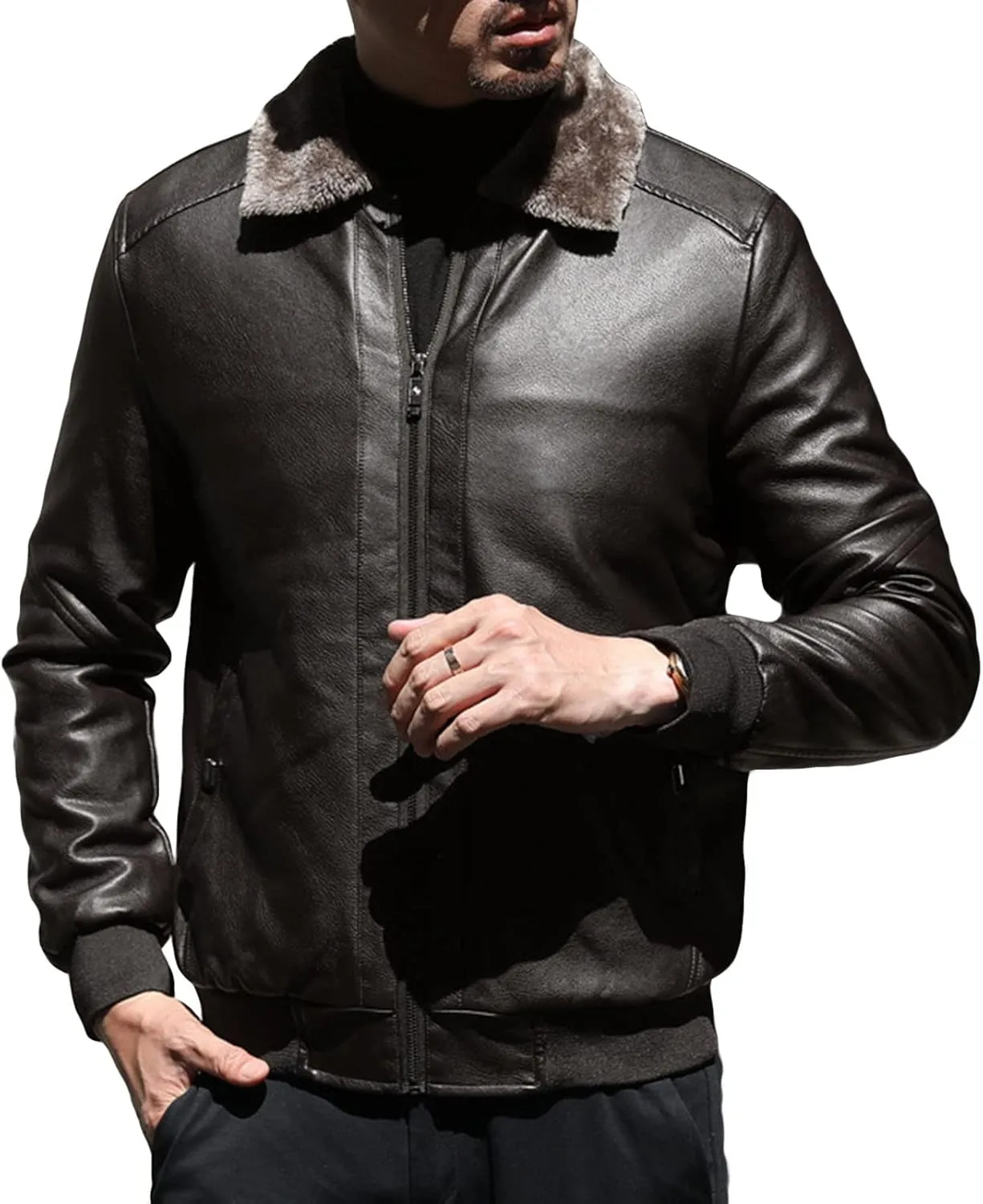 Maiyifu-GJ Men's Pu Sherpa Fleece Lined Jacket Faux Leather Winter Lapel Slim Fit Jacket Vintage Motorcycle Windbreaker Coats