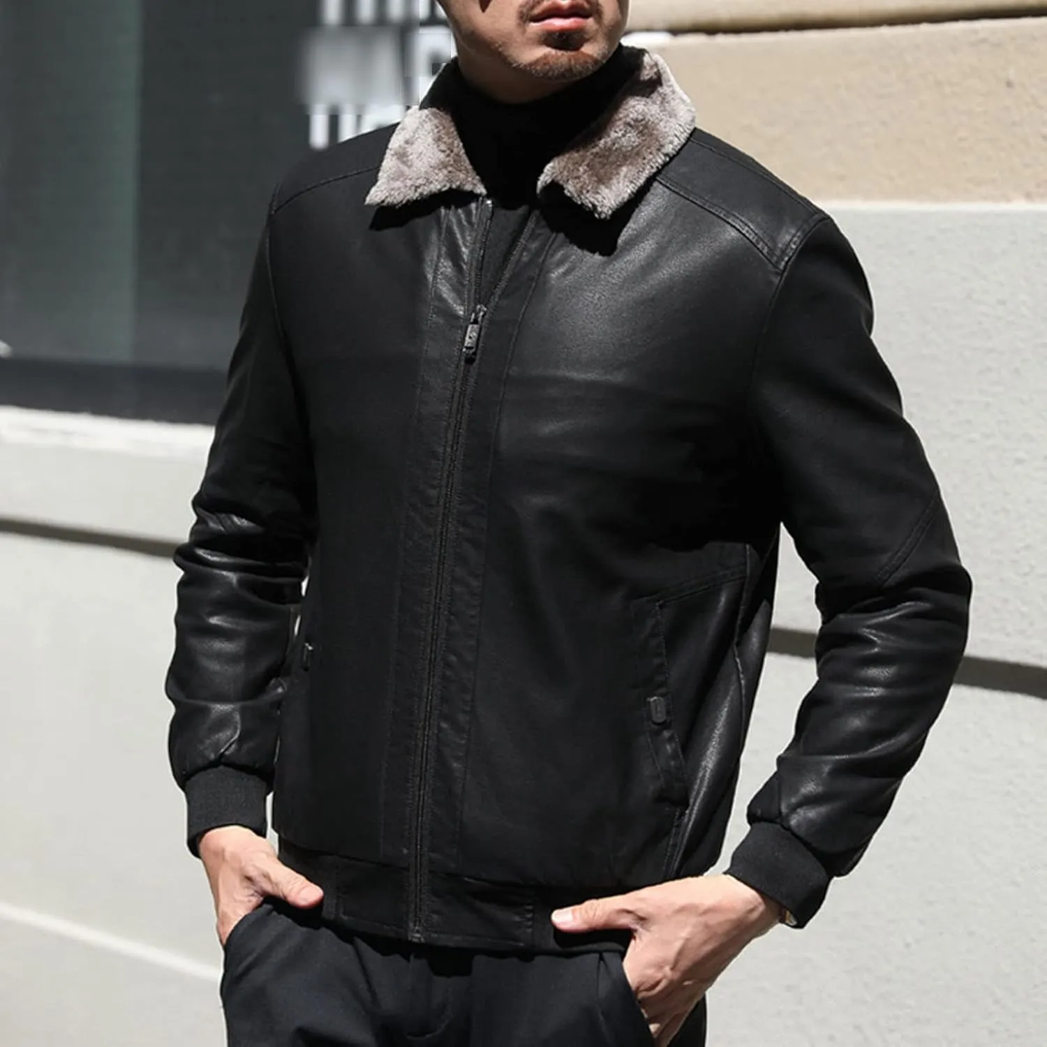 Maiyifu-GJ Men's Pu Sherpa Fleece Lined Jacket Faux Leather Winter Lapel Slim Fit Jacket Vintage Motorcycle Windbreaker Coats