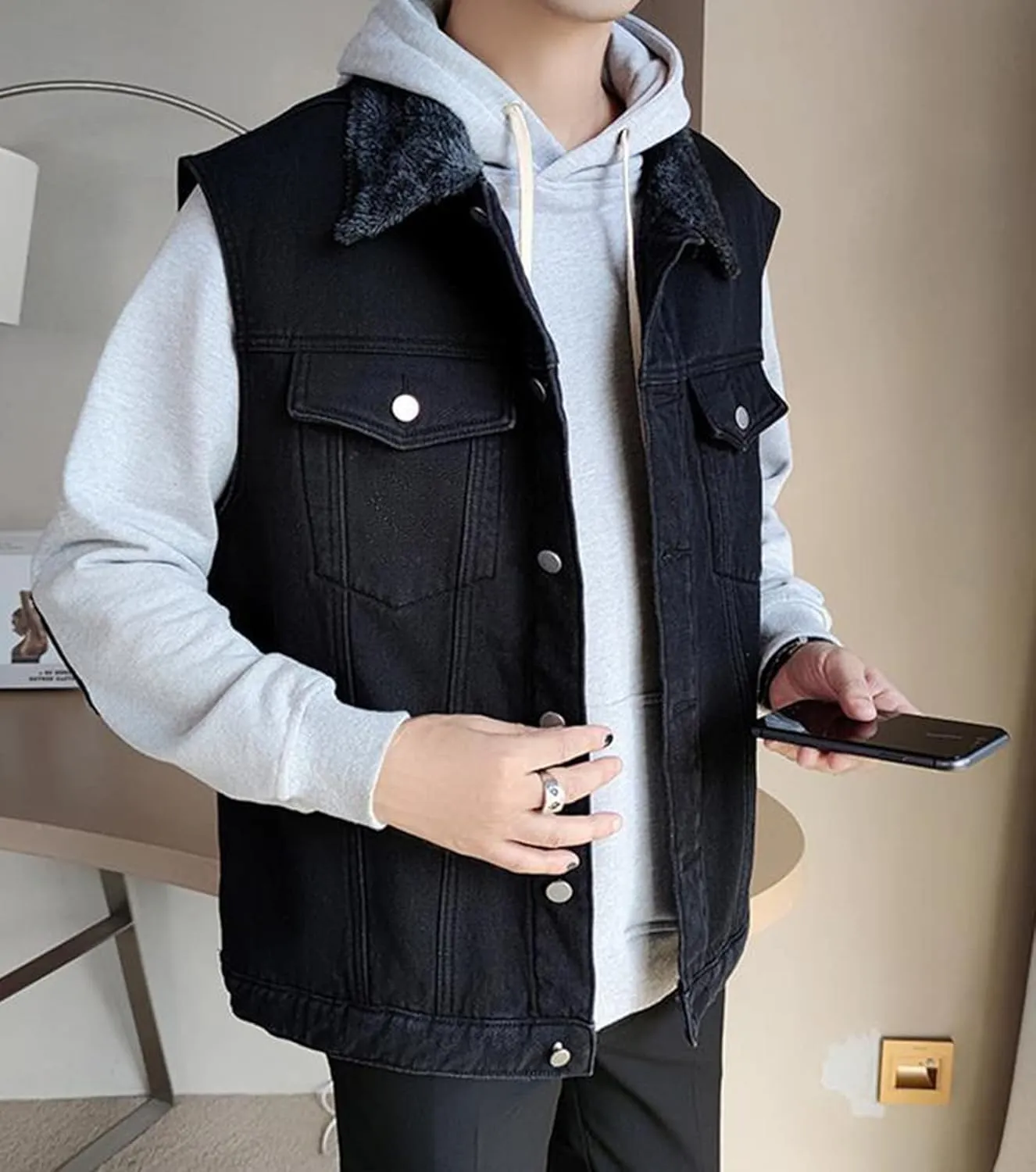 Men`s Winter Sherpa Lined Denim Vest Fleece Sleeveless Jean Jacket Waistcoat