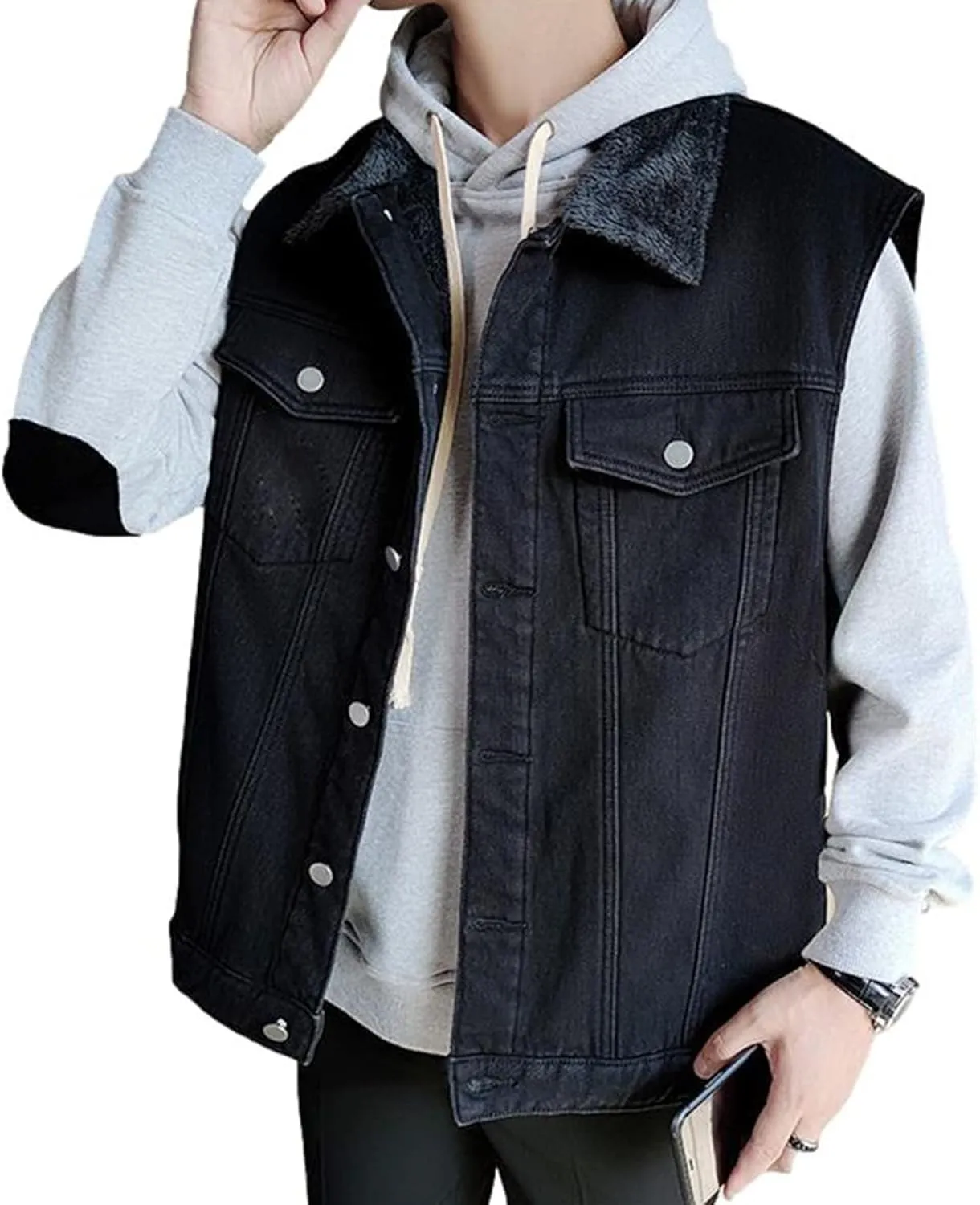 Men`s Winter Sherpa Lined Denim Vest Fleece Sleeveless Jean Jacket Waistcoat