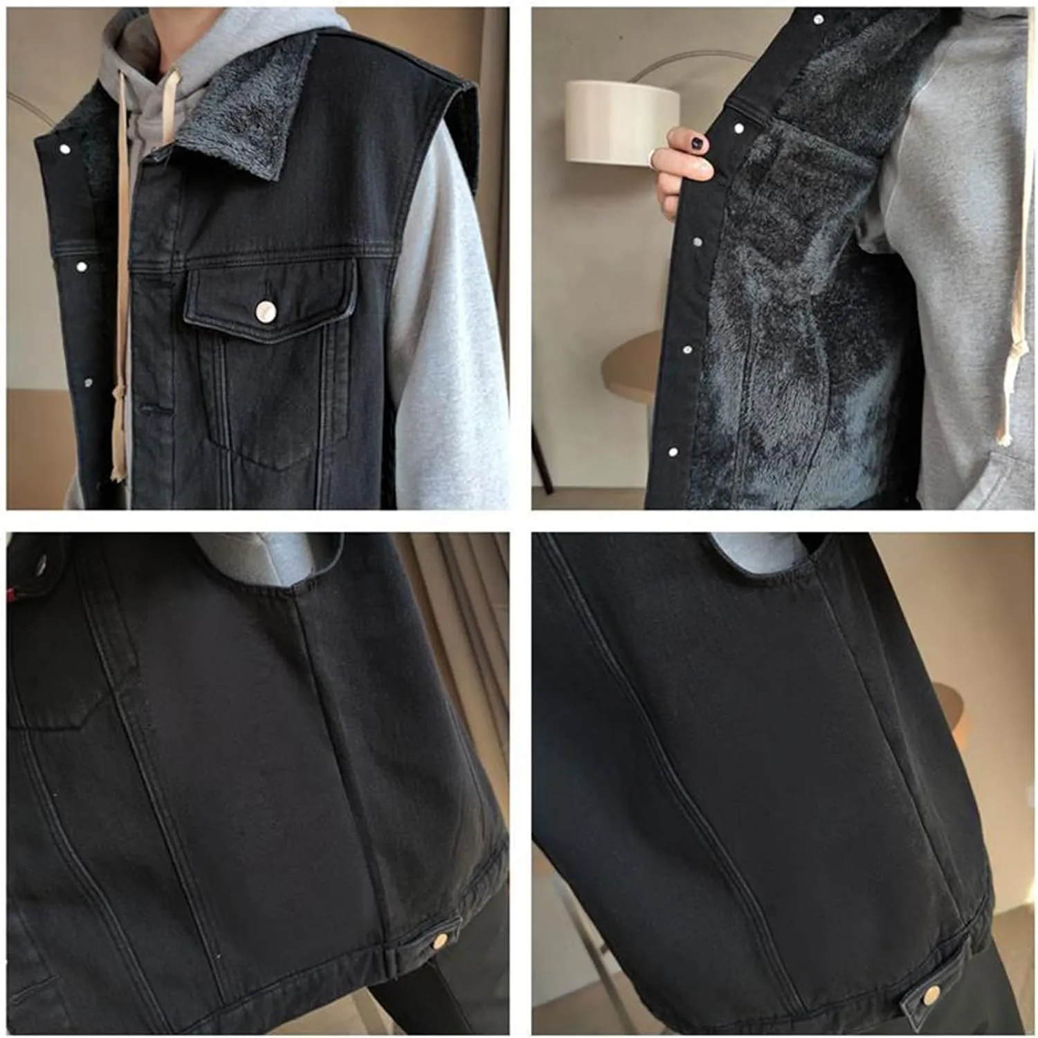 Men`s Winter Sherpa Lined Denim Vest Fleece Sleeveless Jean Jacket Waistcoat