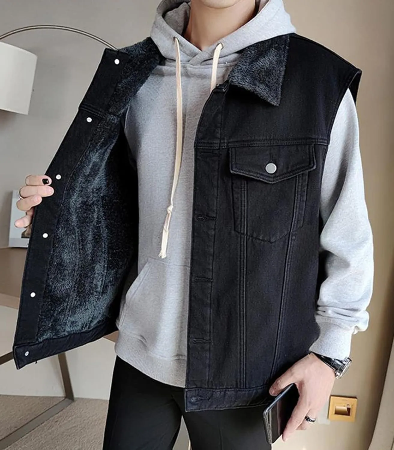 Men`s Winter Sherpa Lined Denim Vest Fleece Sleeveless Jean Jacket Waistcoat