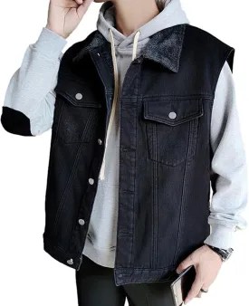 Men`s Winter Sherpa Lined Denim Vest Fleece Sleeveless Jean Jacket Waistcoat