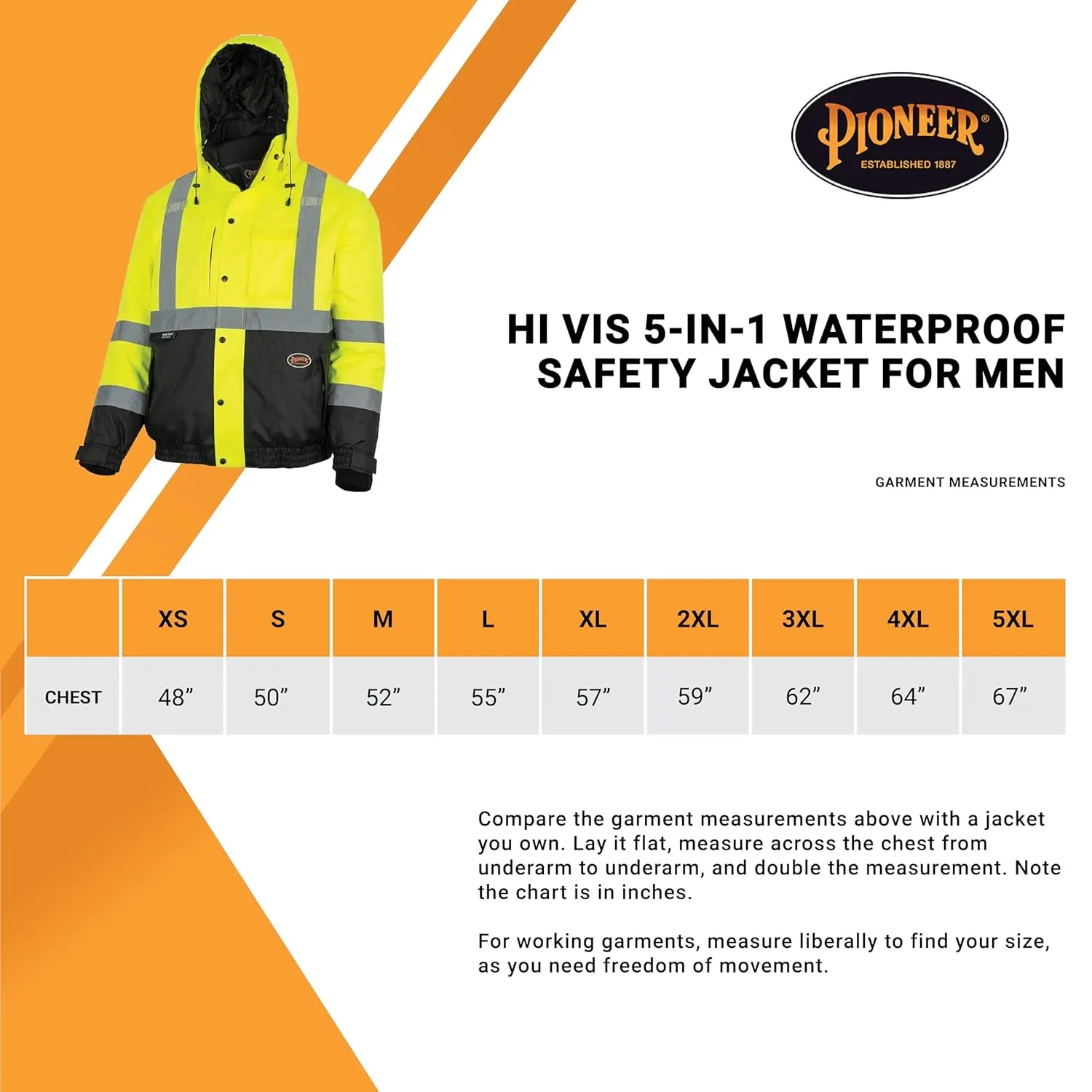 Pioneer Hi Vis 5-in-1 Waterproof Safety Jacket for Men - Convertible to Vest & Black Fleece - Rated to -8F - ANSI Class 3