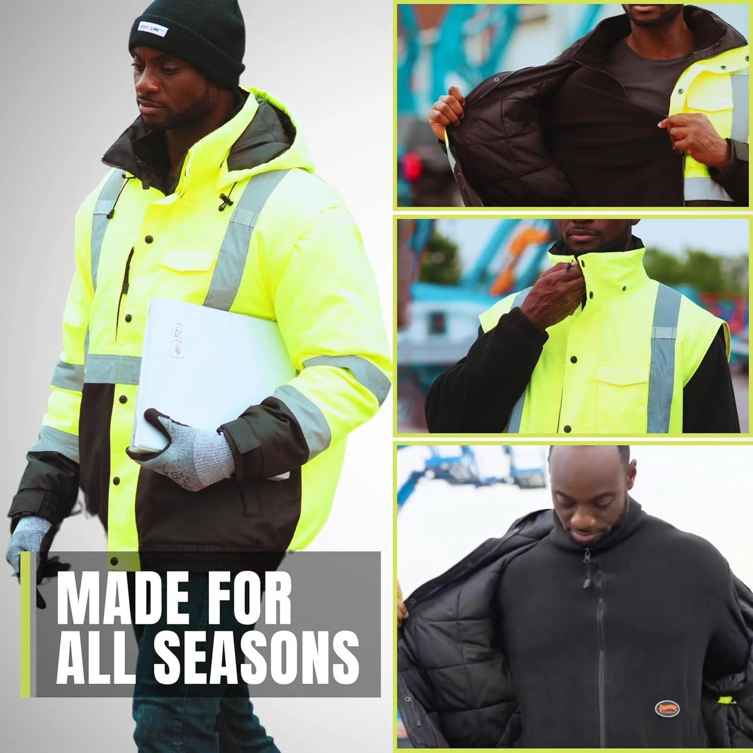 Pioneer Hi Vis 5-in-1 Waterproof Safety Jacket for Men - Convertible to Vest & Black Fleece - Rated to -8F - ANSI Class 3