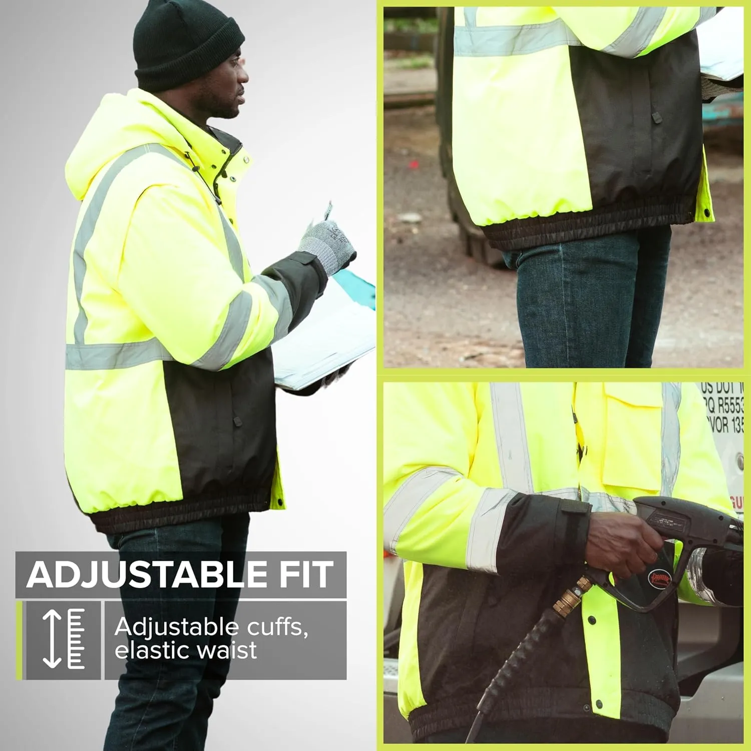 Pioneer Hi Vis 5-in-1 Waterproof Safety Jacket for Men - Convertible to Vest & Black Fleece - Rated to -8F - ANSI Class 3