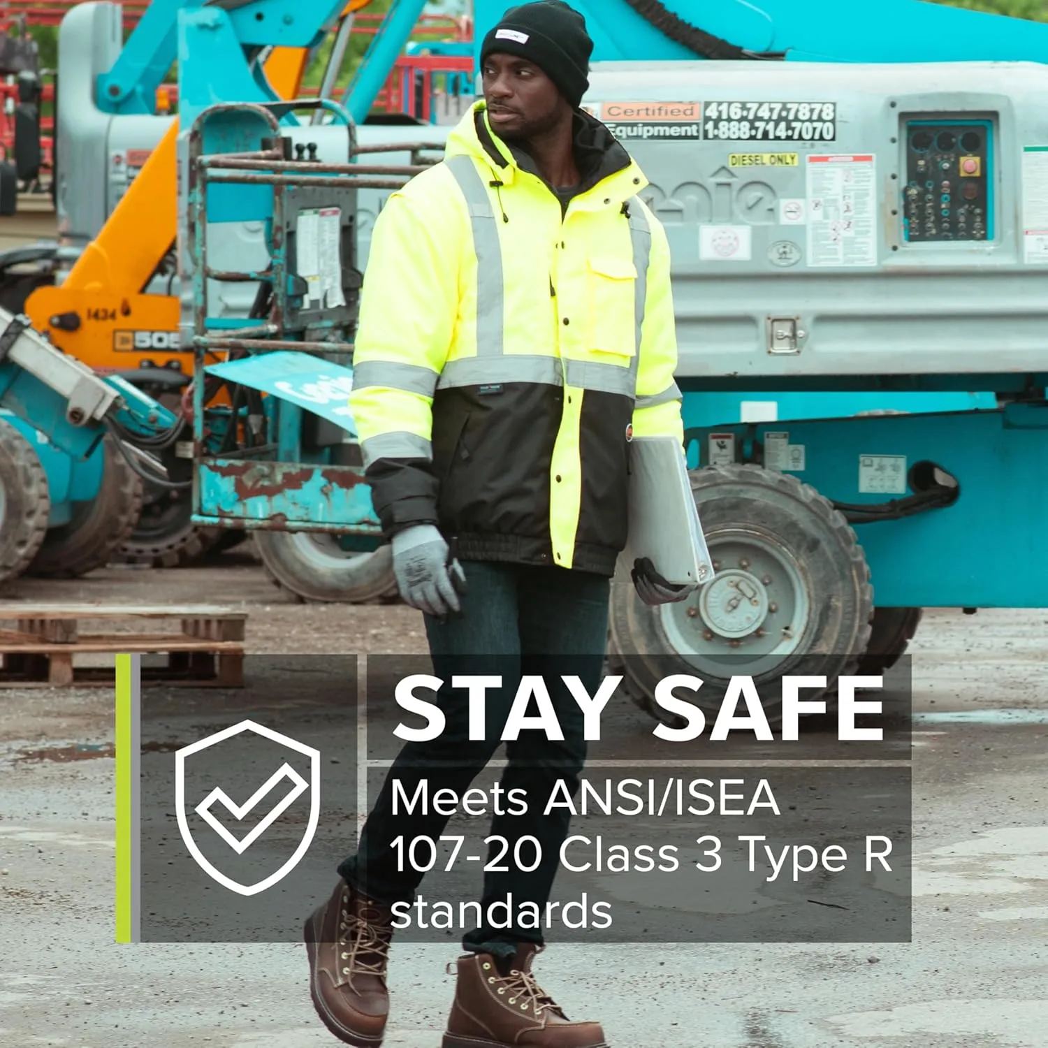 Pioneer Hi Vis 5-in-1 Waterproof Safety Jacket for Men - Convertible to Vest & Black Fleece - Rated to -8F - ANSI Class 3
