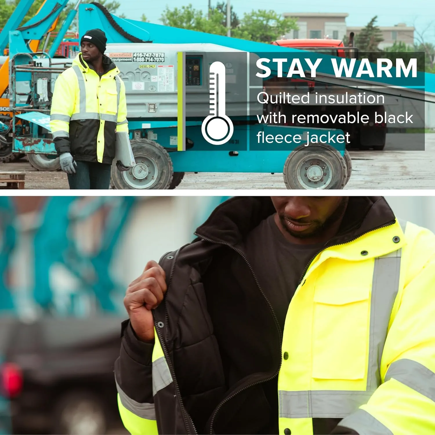 Pioneer Hi Vis 5-in-1 Waterproof Safety Jacket for Men - Convertible to Vest & Black Fleece - Rated to -8F - ANSI Class 3