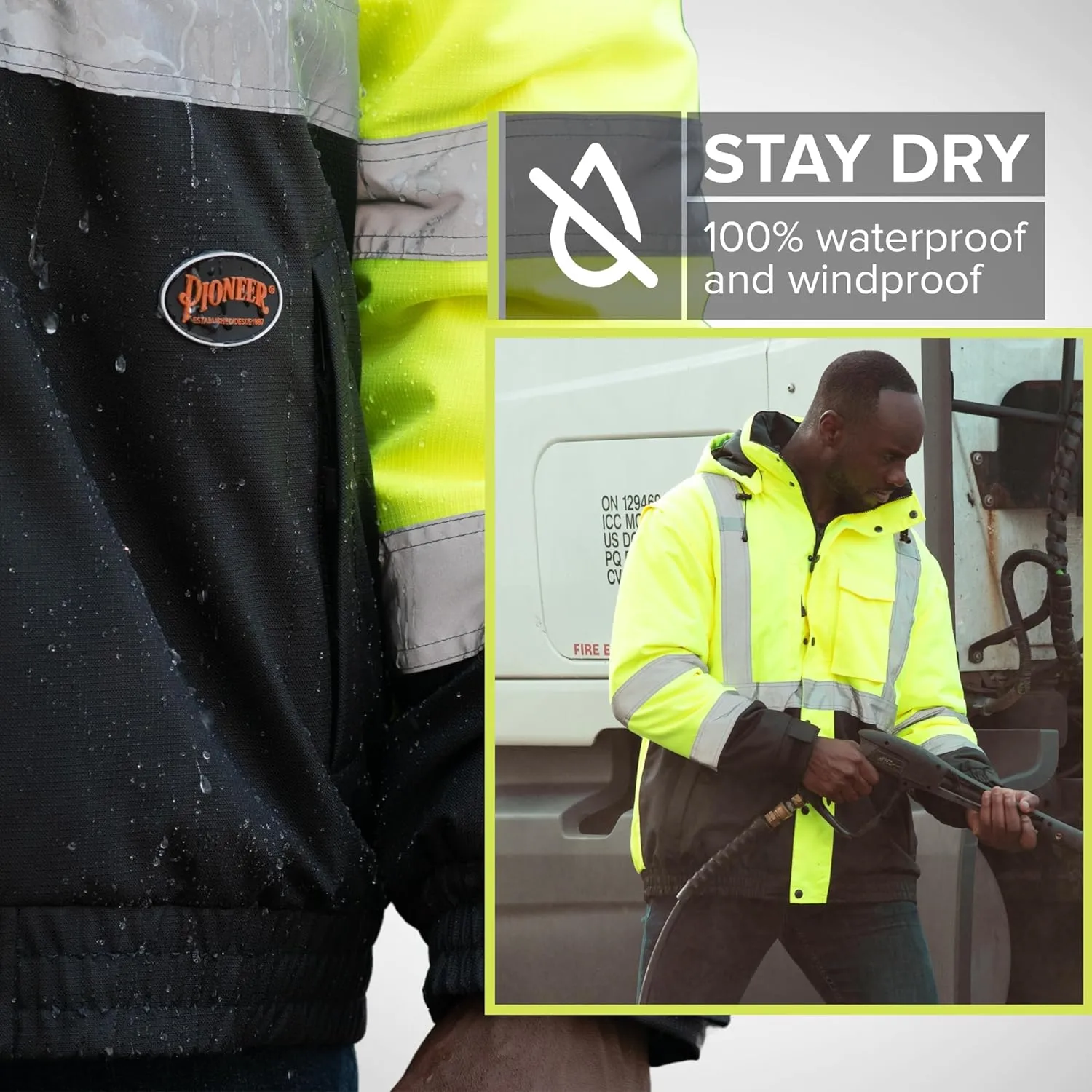 Pioneer Hi Vis 5-in-1 Waterproof Safety Jacket for Men - Convertible to Vest & Black Fleece - Rated to -8F - ANSI Class 3
