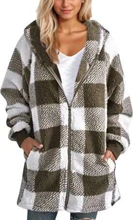 Plus Size Sherpa Jacket Women Plaid Oversized Fleece Full Zip Cardigan Sweater Comfy Fuzzy Winter Coat Hooded Outwear