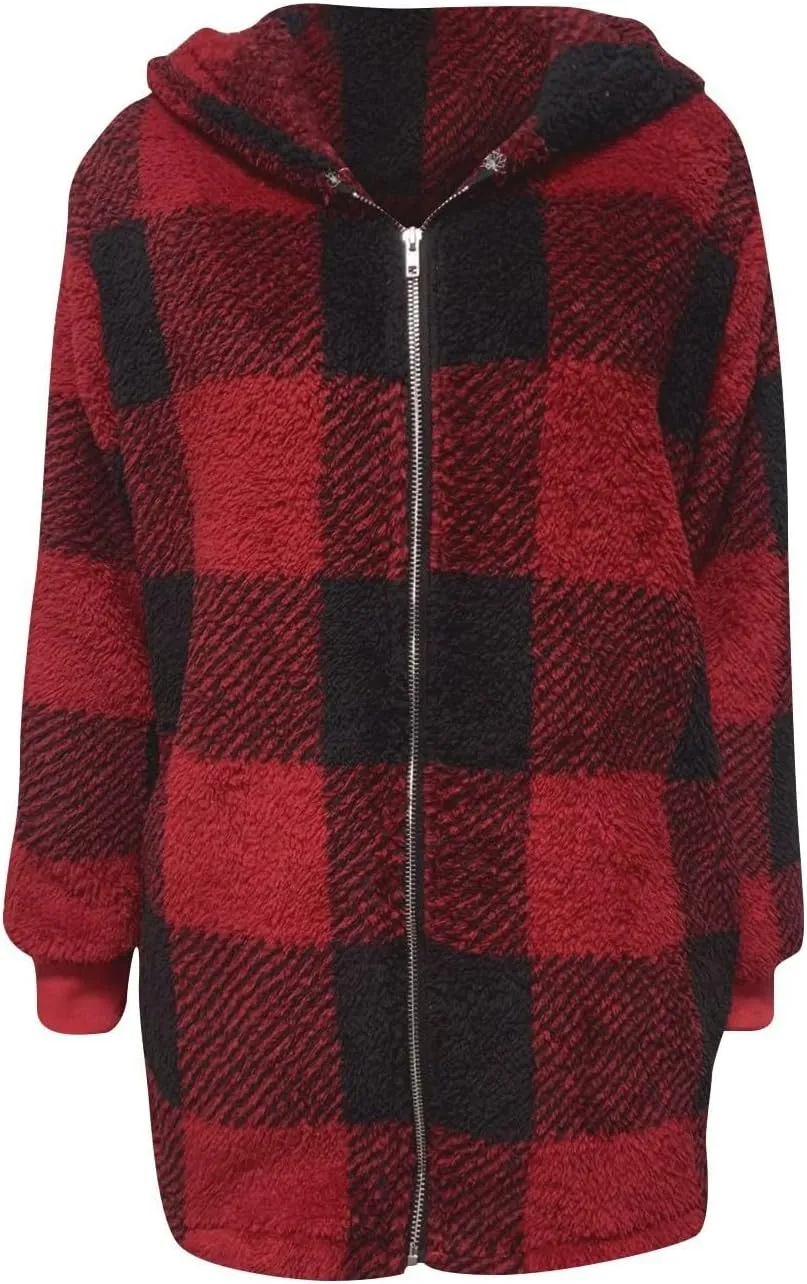 Plus Size Sherpa Jacket Women Plaid Oversized Fleece Full Zip Cardigan Sweater Comfy Fuzzy Winter Coat Hooded Outwear