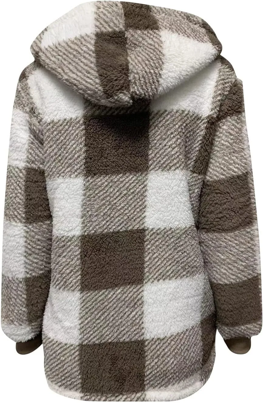 Plus Size Sherpa Jacket Women Plaid Oversized Fleece Full Zip Cardigan Sweater Comfy Fuzzy Winter Coat Hooded Outwear